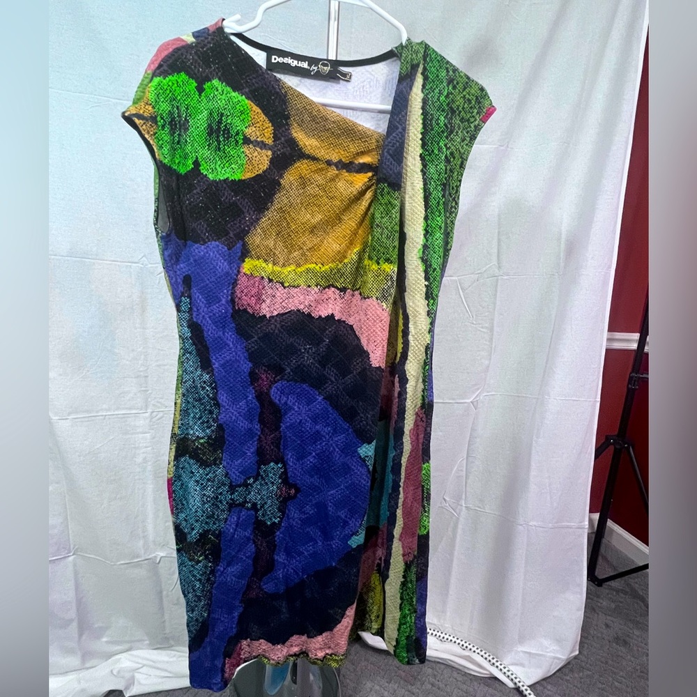 Desigual Knit Wiggle Dress Abstract Art Asymmetrical Neckline